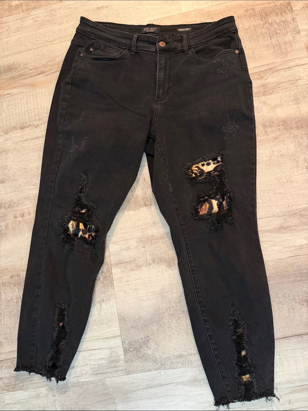 Judy Blue Black Distressed Skinny Jeans with Leopard Patch. Like New!